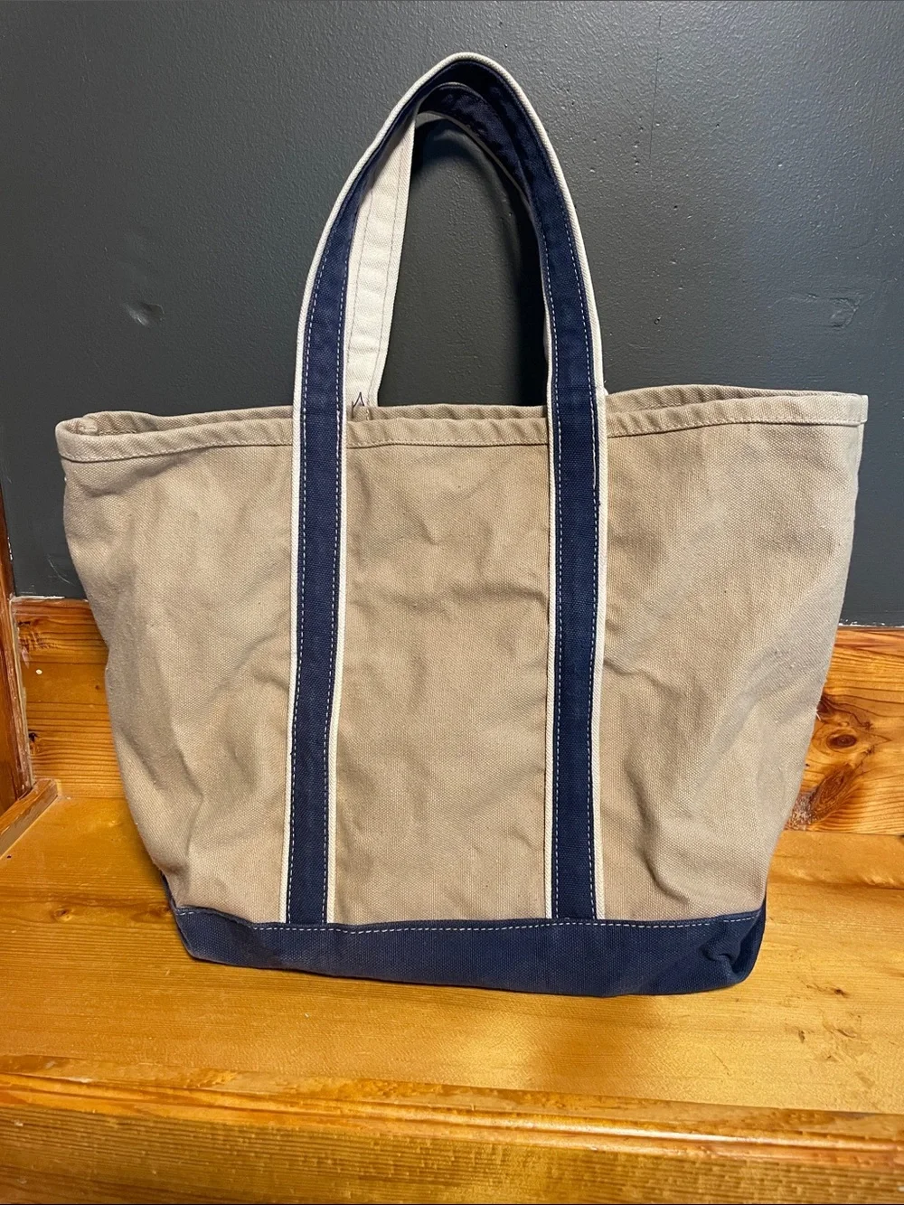 Vintage Medium Sized Canvas Tote Bag with Navy Trim